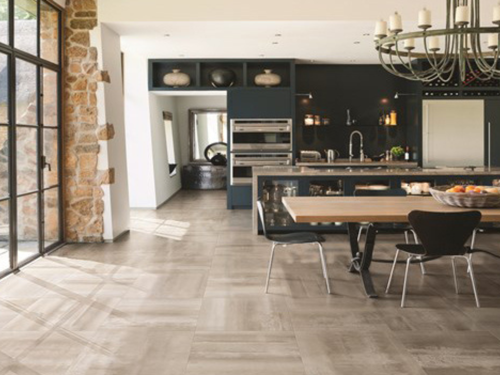 tile flooring wood look installation in kitchen
